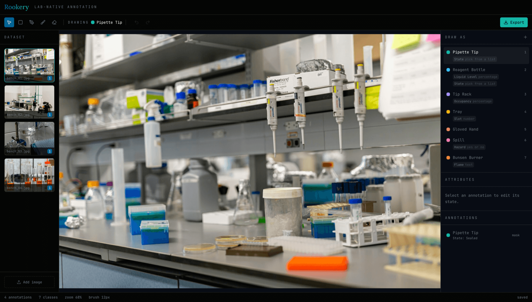Rookery annotating a lab bench photo, with the label schema on the right